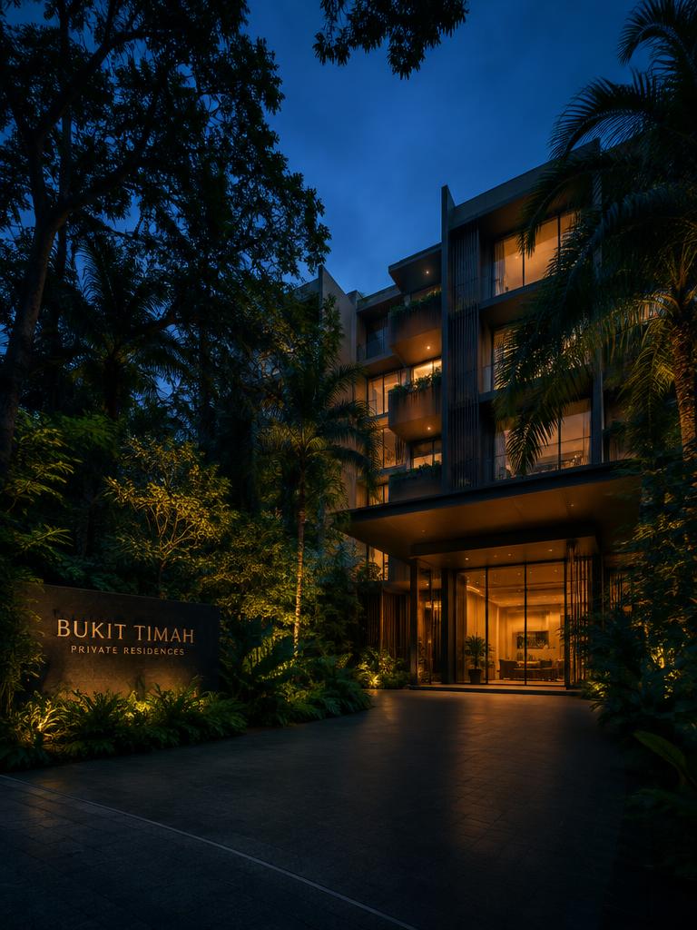 Luxury condominium facade in Bukit Timah at dusk